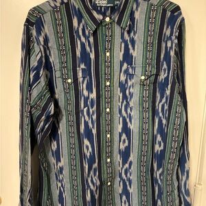 Ralph Lauren Blue and Green Patterned Men's Snap Button Western Shirt
